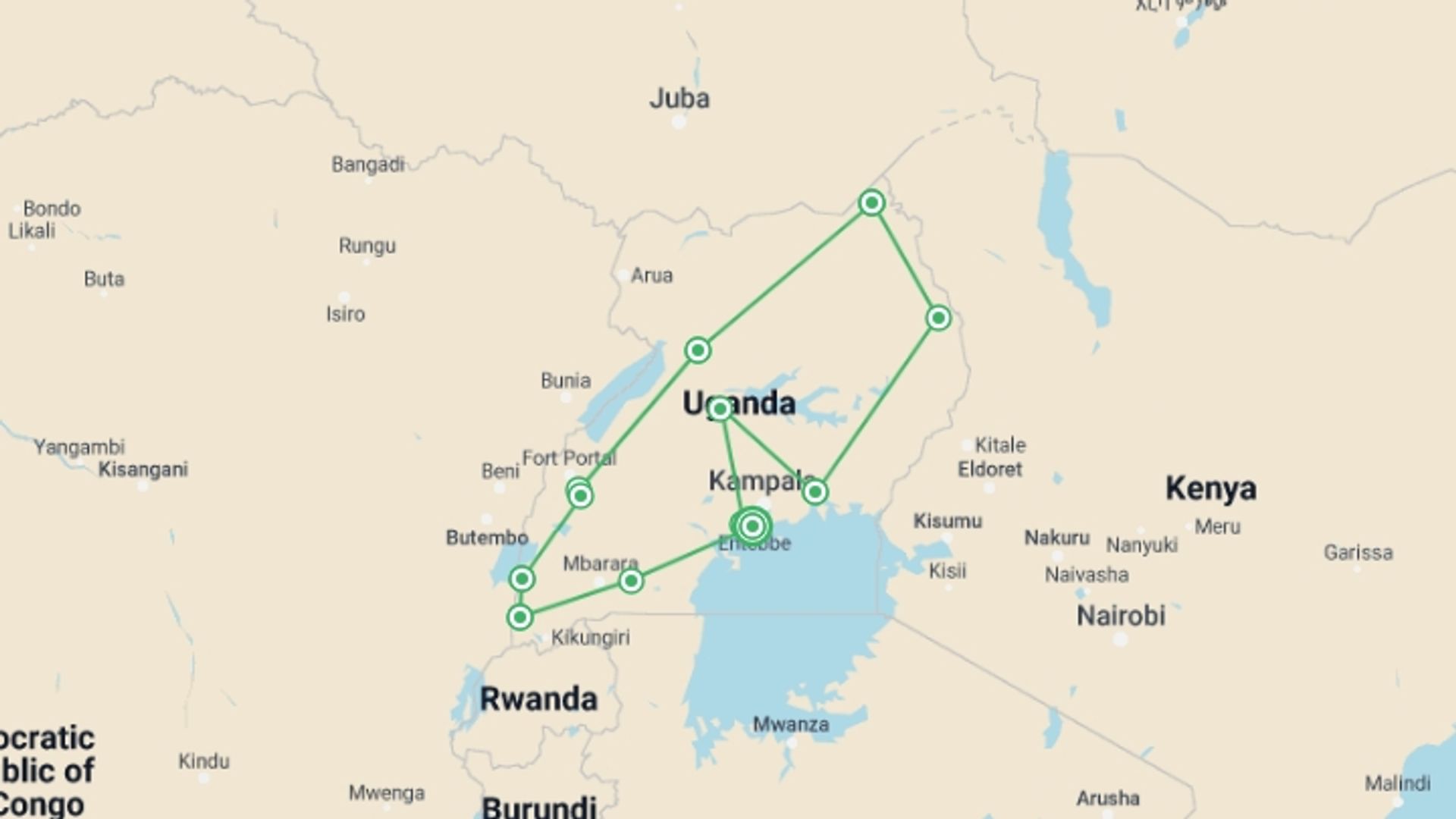 A map showing the tour itinerary for the trip: 18 Days Uganda Gorillas & Wildlife  Adventure Safari, starting in Entebbe, Uganda and ending in Entebbe, Uganda going through 7 other destinations.