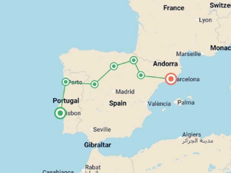 Map of Mediterranean Tour with 5 destination visits for the trip: Lisbon to Barcelona