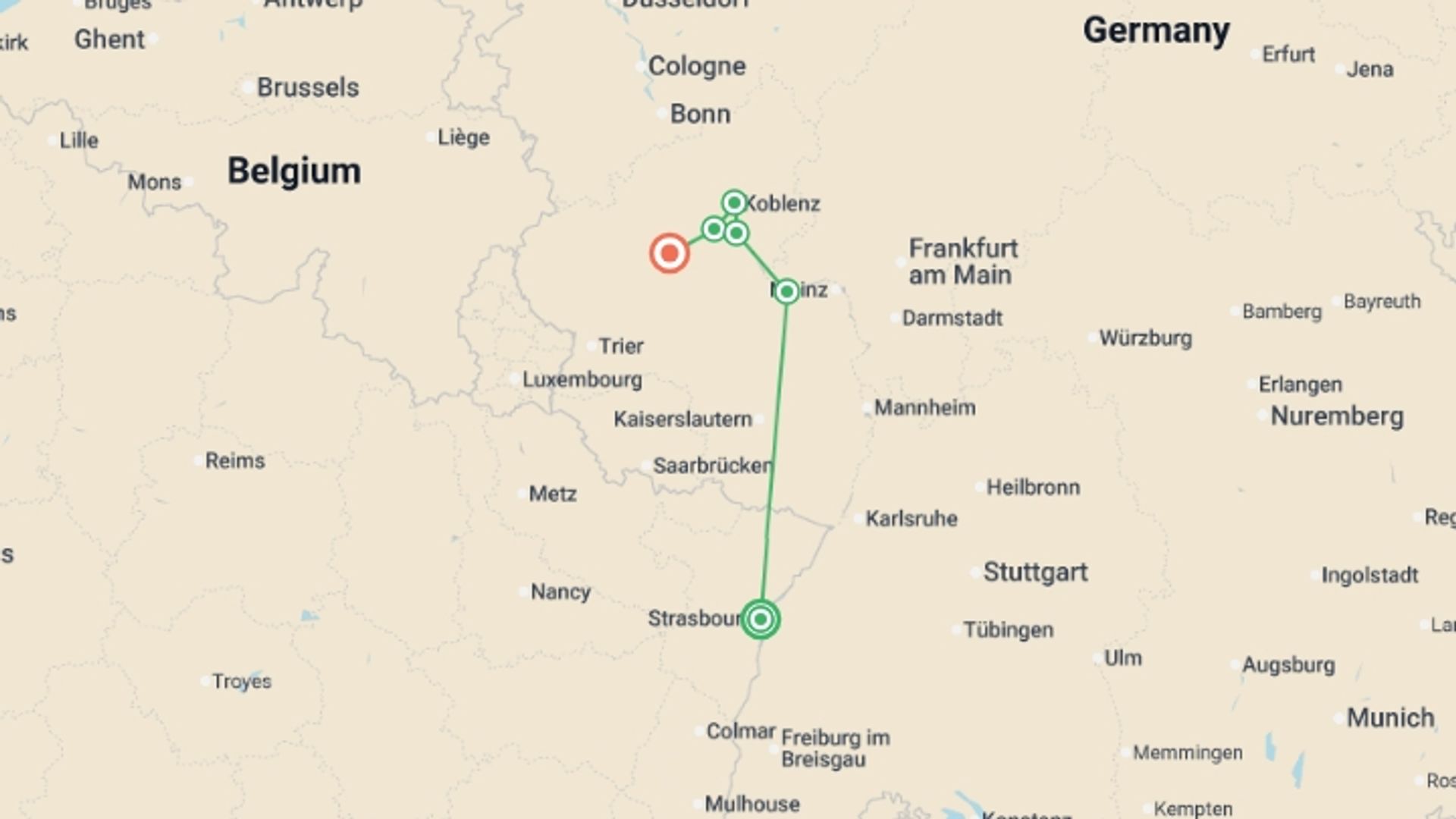 A map showing the tour itinerary for the trip: The Rhine and Moselle Rivers (port-to-port cruise), starting in Strasbourg, France and ending in Cochem, Germany going through 2 other destinations.