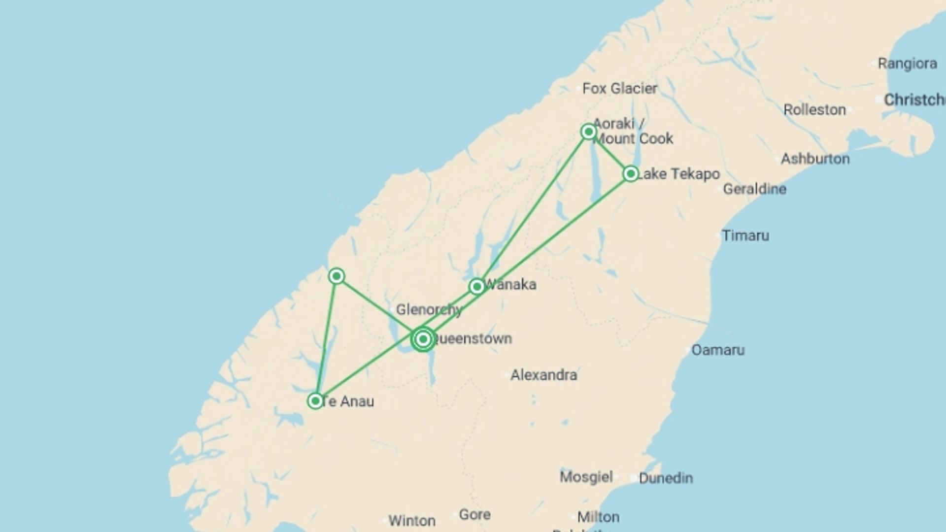 A map showing the tour itinerary for the trip: NZ Intro South, starting in Queenstown, New Zealand and ending in Queenstown, New Zealand going through 6 other destinations.