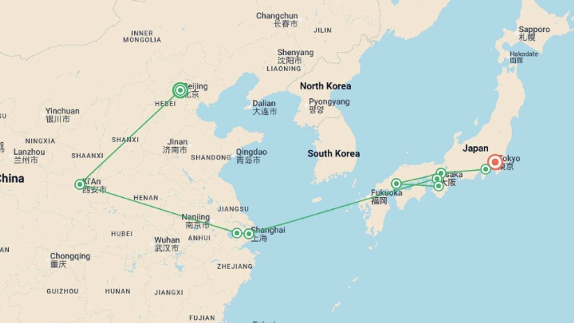A map showing the tour itinerary for the trip: Beijing to Tokyo: The Great Wall & Mt Fuji, starting in Beijing, China and ending in Tokyo, Japan going through 8 other destinations.