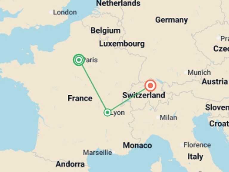 Map itinerary of Paris Tour in December 2025 with 3 destination visits for the trip: French and Swiss Spirit