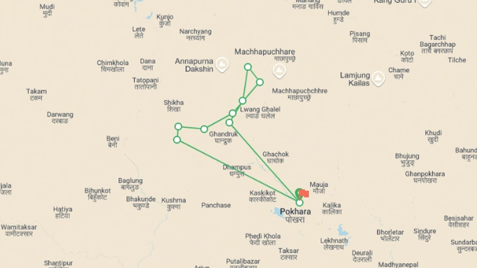 A map showing the tour itinerary for the trip: Annapurna Base Camp Tour, starting in Pokhara, Nepal and ending in Pokhara, Nepal going through 10 other destinations.