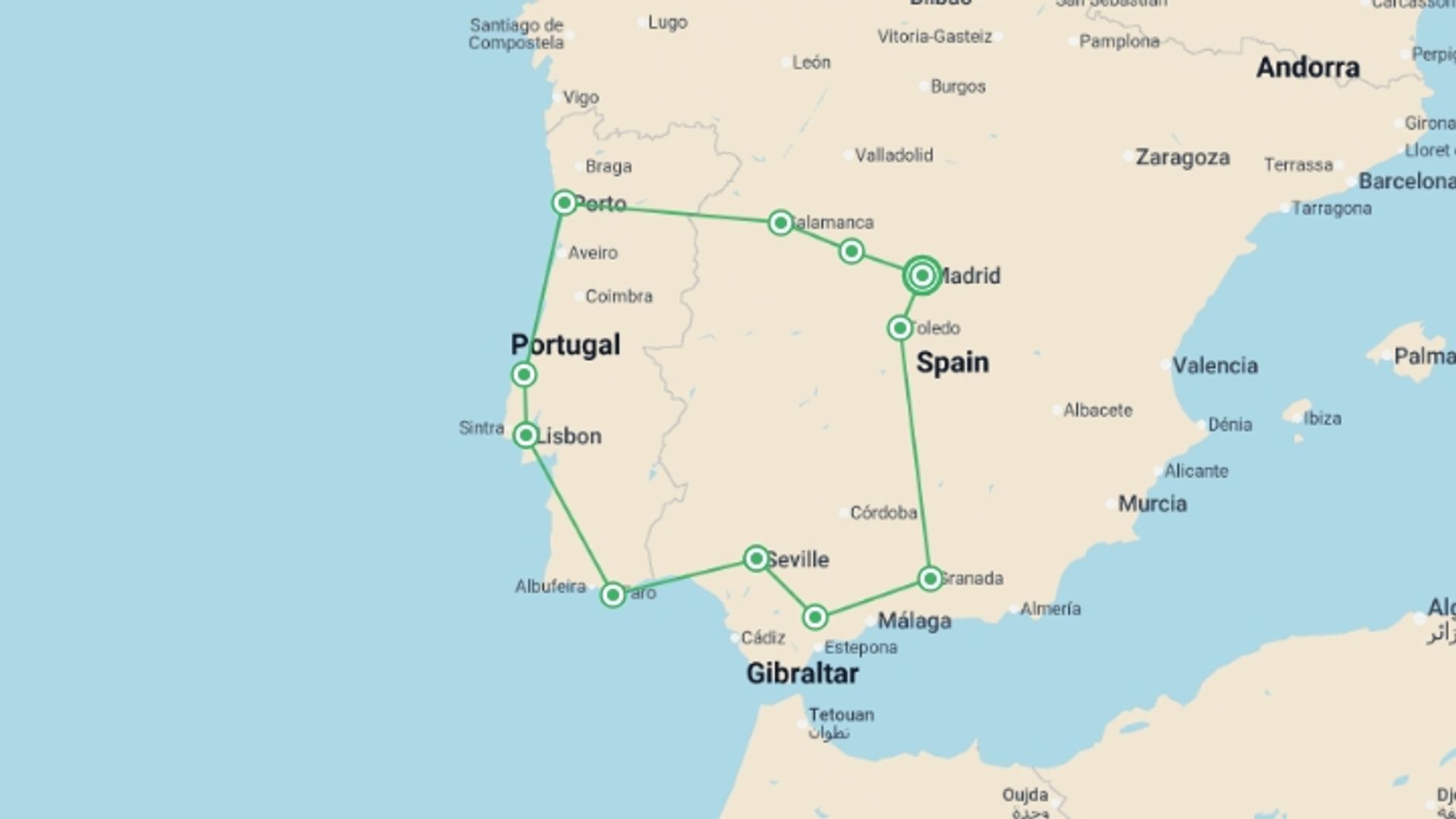 A map showing the tour itinerary for the trip: Highlights of Spain & Portugal, starting in Madrid, Spain and ending in Madrid, Spain going through 5 other destinations.