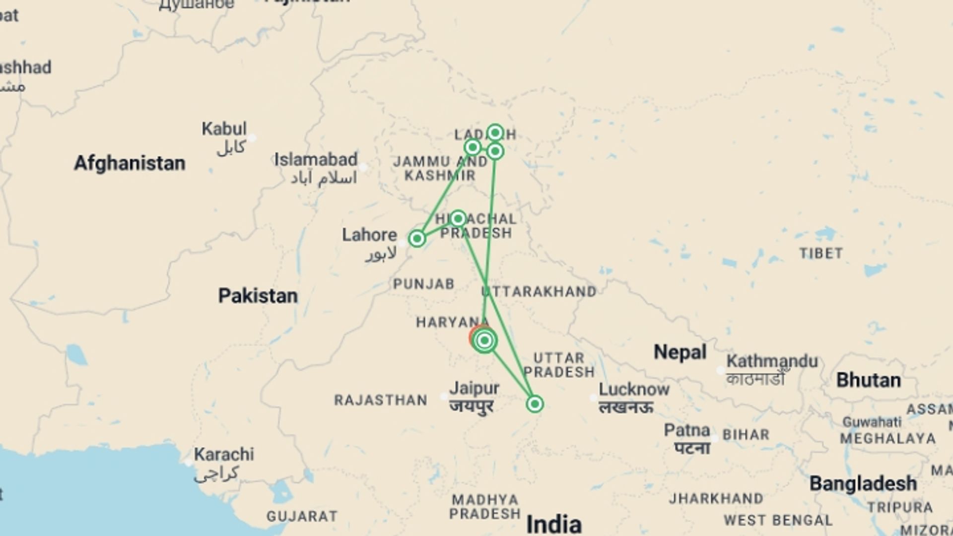 A map showing the tour itinerary for the trip: Northern India: Dharamshala, Kashmir & Ladakh Highlights, starting in New Delhi, India and ending in Delhi & Golden Triangle, India going through 6 other destinations.