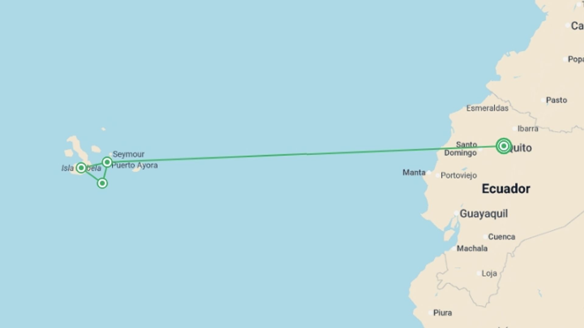 A map showing the tour itinerary for the trip: Galápagos Multisport, starting in Quito, Ecuador and ending in Quito, Ecuador going through 3 other destinations.