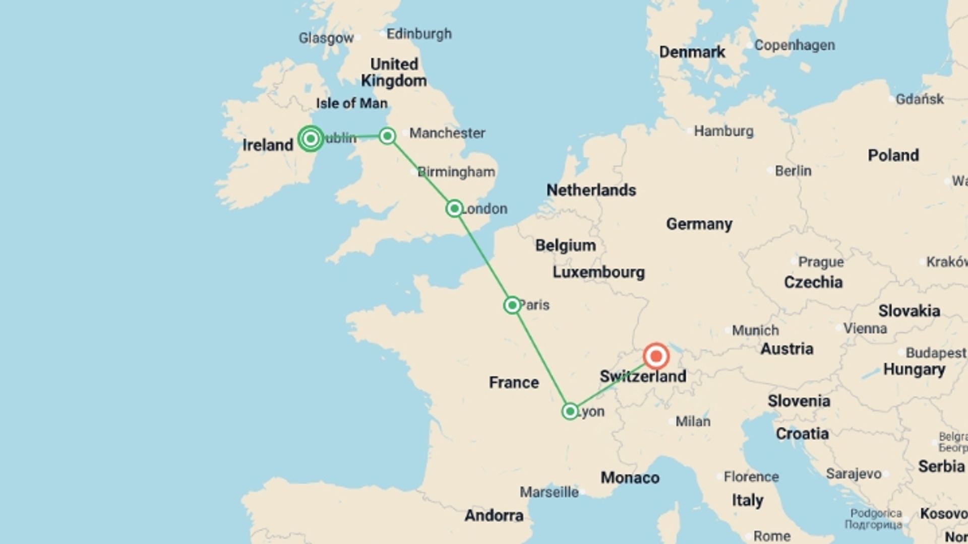 A map showing the tour itinerary for the trip: Exploring Europe, starting in Dublin, Ireland and ending in Zurich, Switzerland going through 4 other destinations.