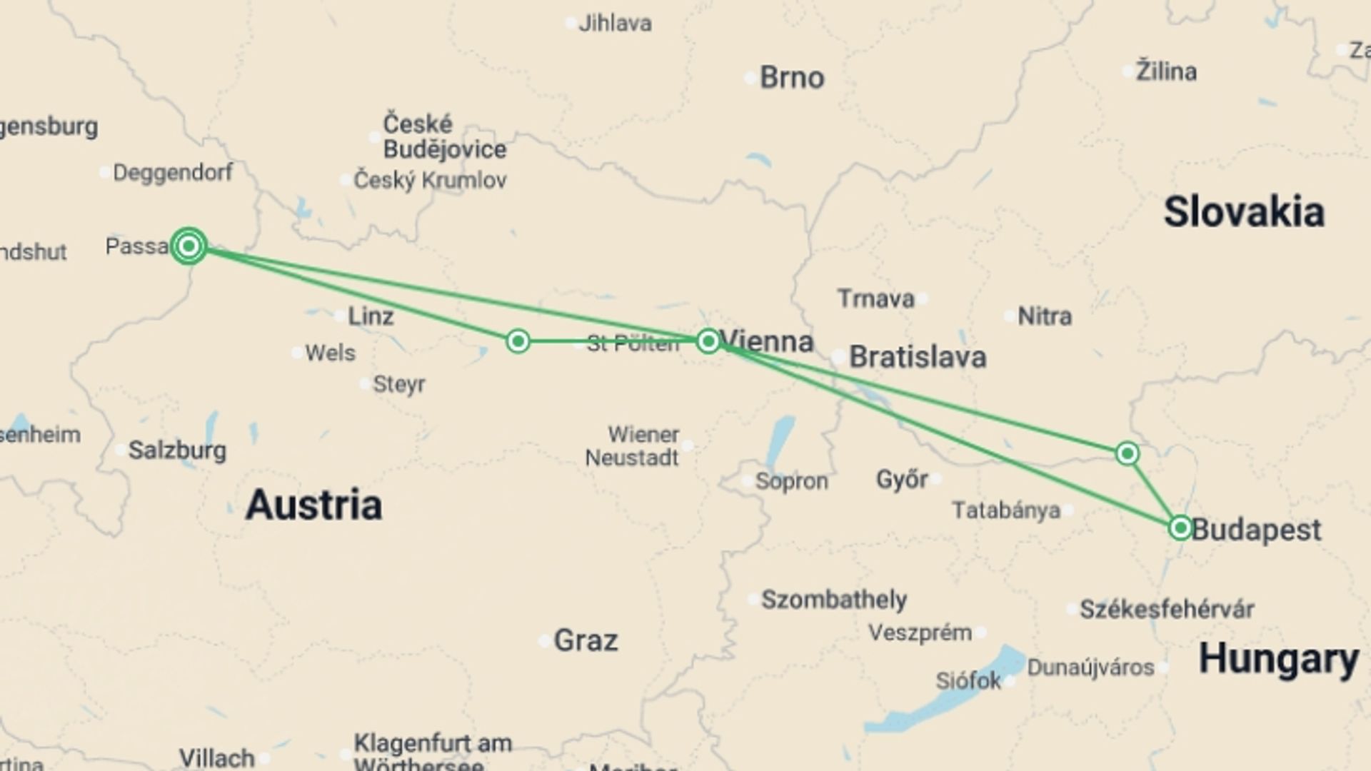 A map showing the tour itinerary for the trip: The beautiful blue Danube from Passau to Budapest (port-to-port cruise), starting in Passau, Germany and ending in Passau, Germany going through 3 other destinations.