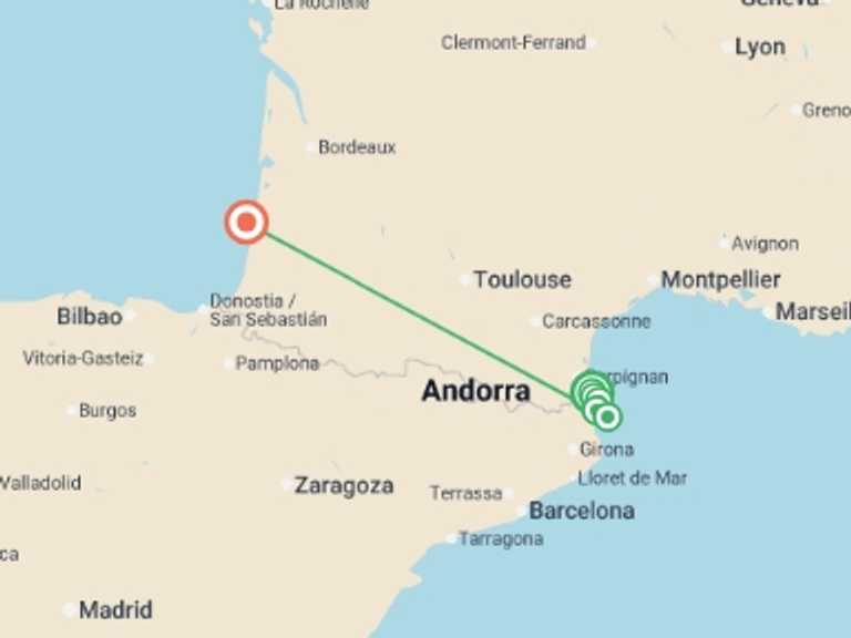 Map itinerary of France Tour in May 2026 with 6 destination visits for the trip: Footsteps of Dali