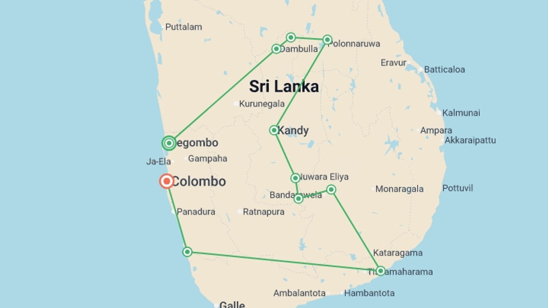 A map showing the tour itinerary for the trip: Upgraded - Discover Sri Lanka, starting in Negombo, Sri Lanka and ending in Colombo, Sri Lanka going through 9 other destinations.