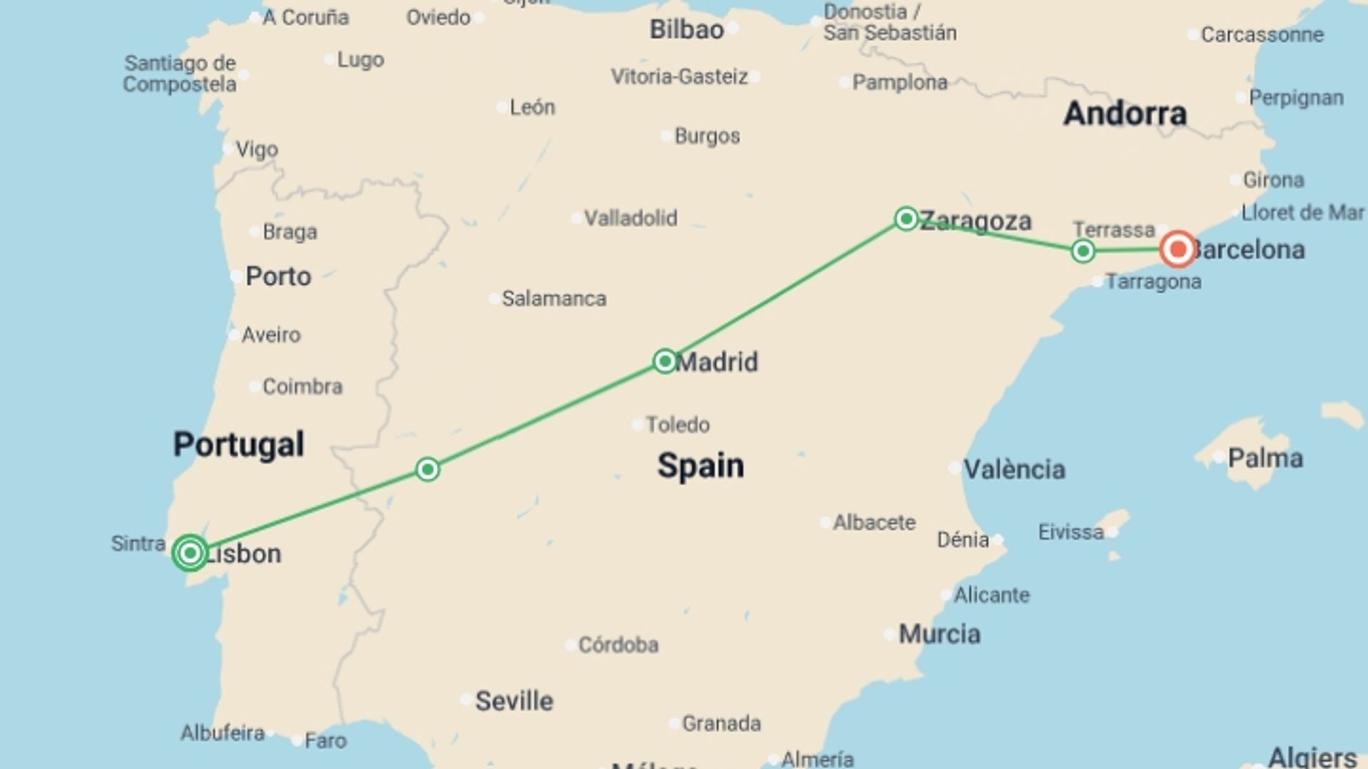 A map showing the tour itinerary for the trip: Lisbon, Madrid and Barcelona, starting in Lisbon, Portugal and ending in Barcelona, Spain going through 1 other destinations.