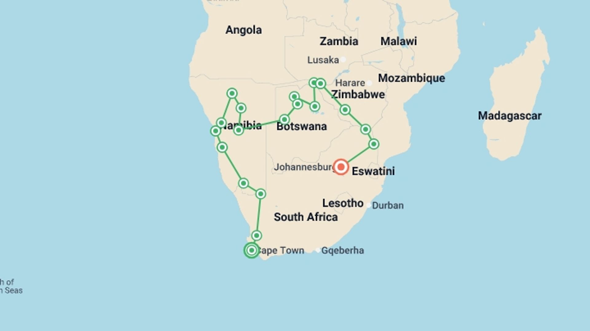 A map showing the tour itinerary for the trip: Cape Town to Johannesburg Overland Safari & Participation Camping, starting in Cape Town, South Africa and ending in Johannesburg, South Africa going through 18 other destinations.