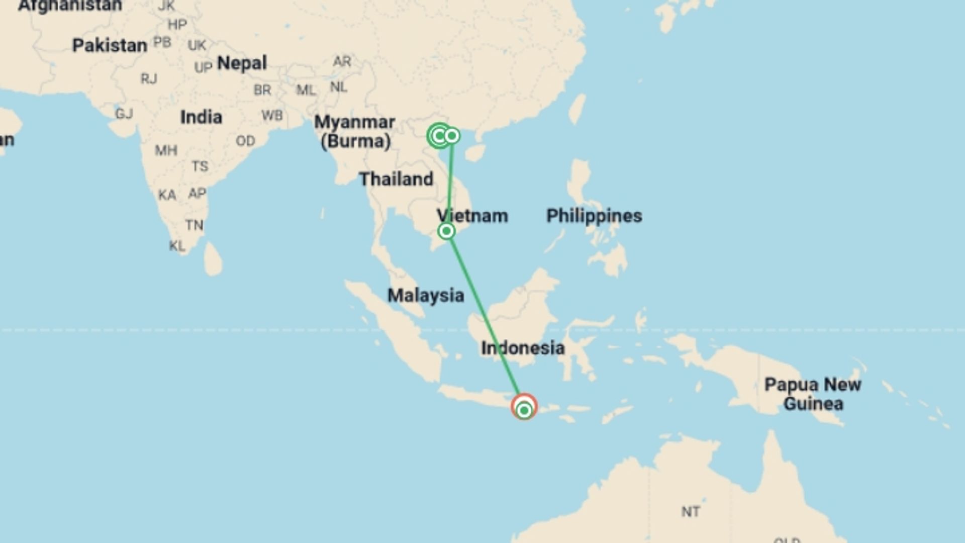 A map showing the tour itinerary for the trip: Classic Vietnam & Bali (5 Star) - 11 days, starting in Hanoi, Vietnam and ending in Bali, Indonesia going through 3 other destinations.