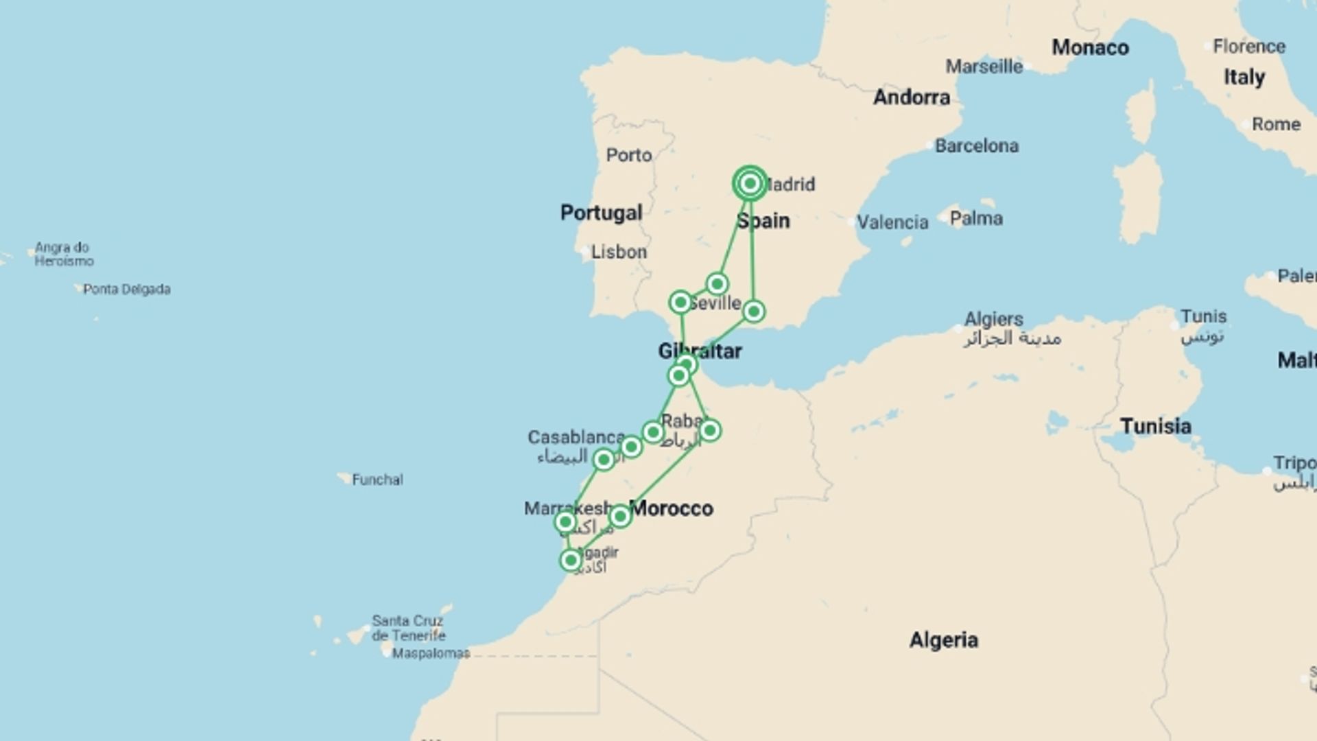 A map showing the tour itinerary for the trip: Muslim Spain and Morocco, starting in Madrid, Spain and ending in Madrid, Spain going through 8 other destinations.