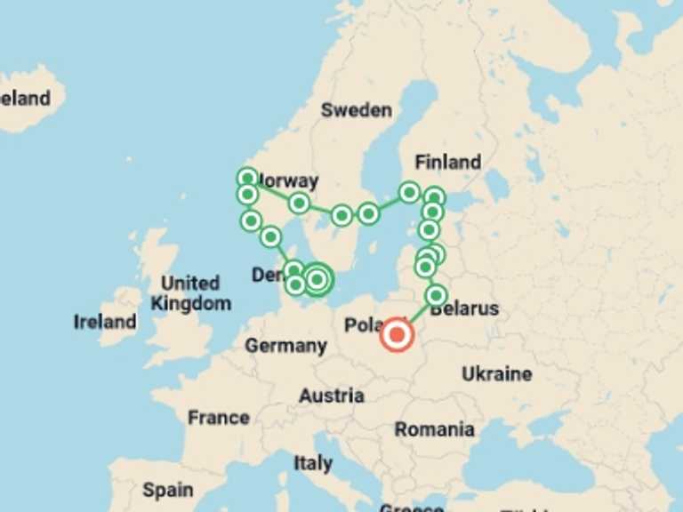 Map of Europe Tour with 12 destination visits for the trip: ScanBaltic Tour