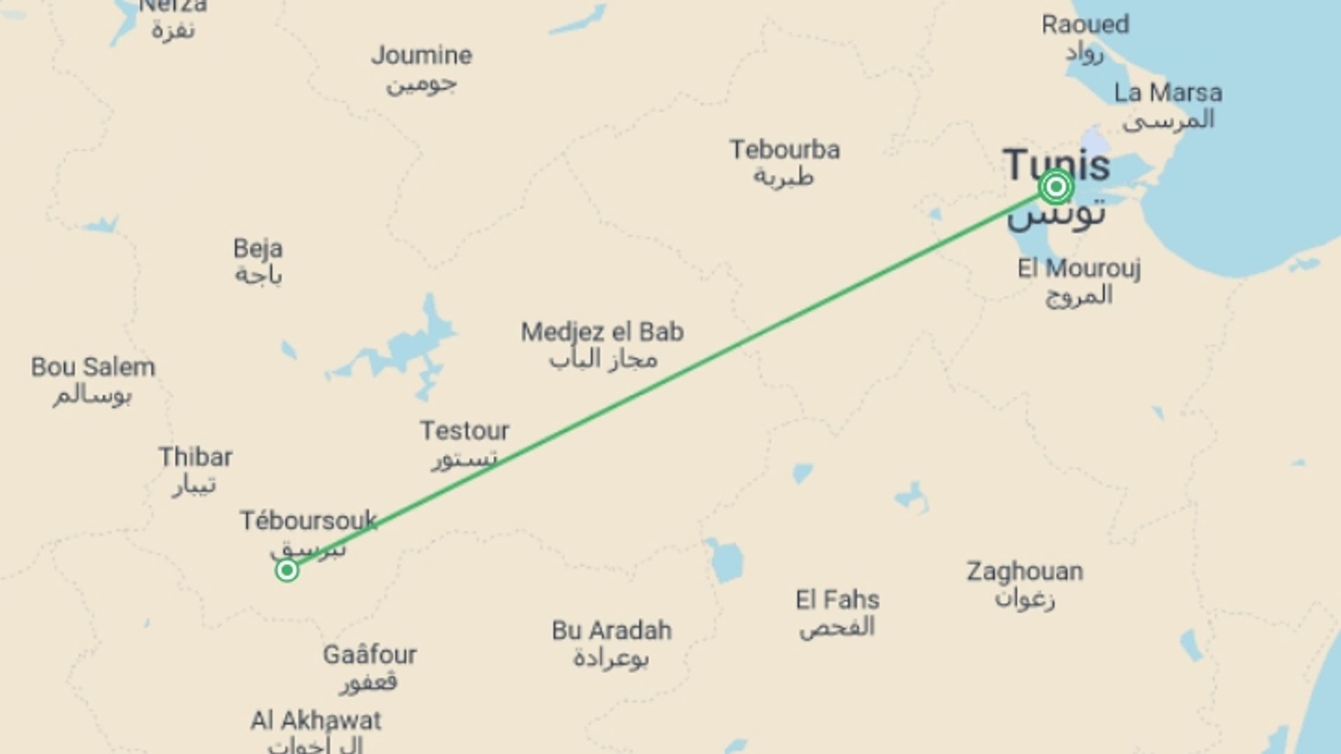 A map showing the tour itinerary for the trip: North Tunisia Explorer, starting in Cape Town, South Africa and ending in Cape Town, South Africa going through 2 other destinations.