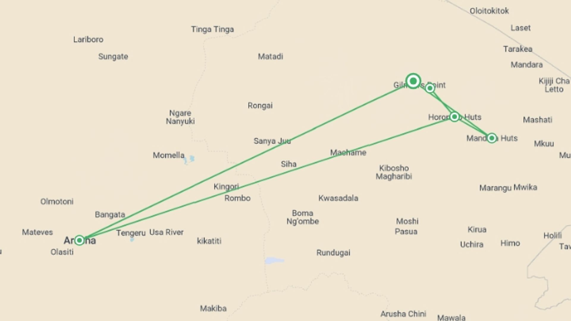 A map showing the tour itinerary for the trip: 5-Day Climbing Kilimanjaro Marangu Route, starting in Kilimanjaro Marangu Route, Tanzania and ending in Kilimanjaro Marangu Route, Tanzania going through 4 other destinations.