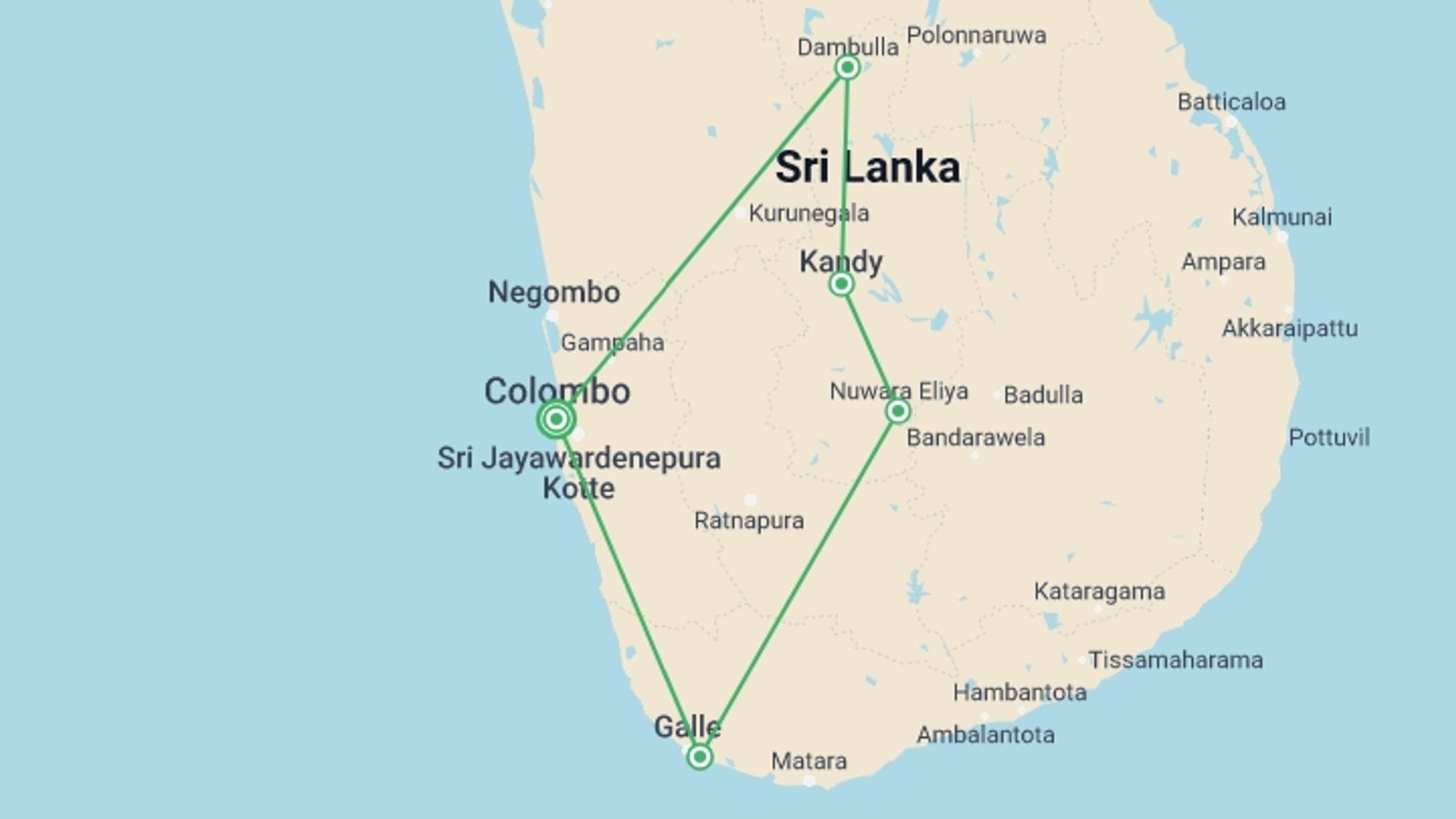 A map showing the tour itinerary for the trip: Blissful Sri Lanka, starting in Colombo, Sri Lanka and ending in Colombo, Sri Lanka going through 4 other destinations.
