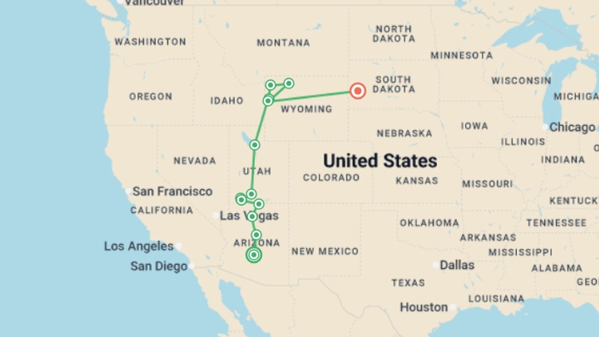 A map showing the tour itinerary for the trip: National Parks of America , starting in Scottsdale, USA and ending in Rapid City, USA going through 8 other destinations.