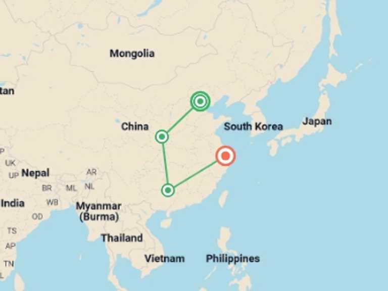 Map itinerary of China Tour in September 2026 with 4 destination visits for the trip: Totally China & Guilin - 11 days