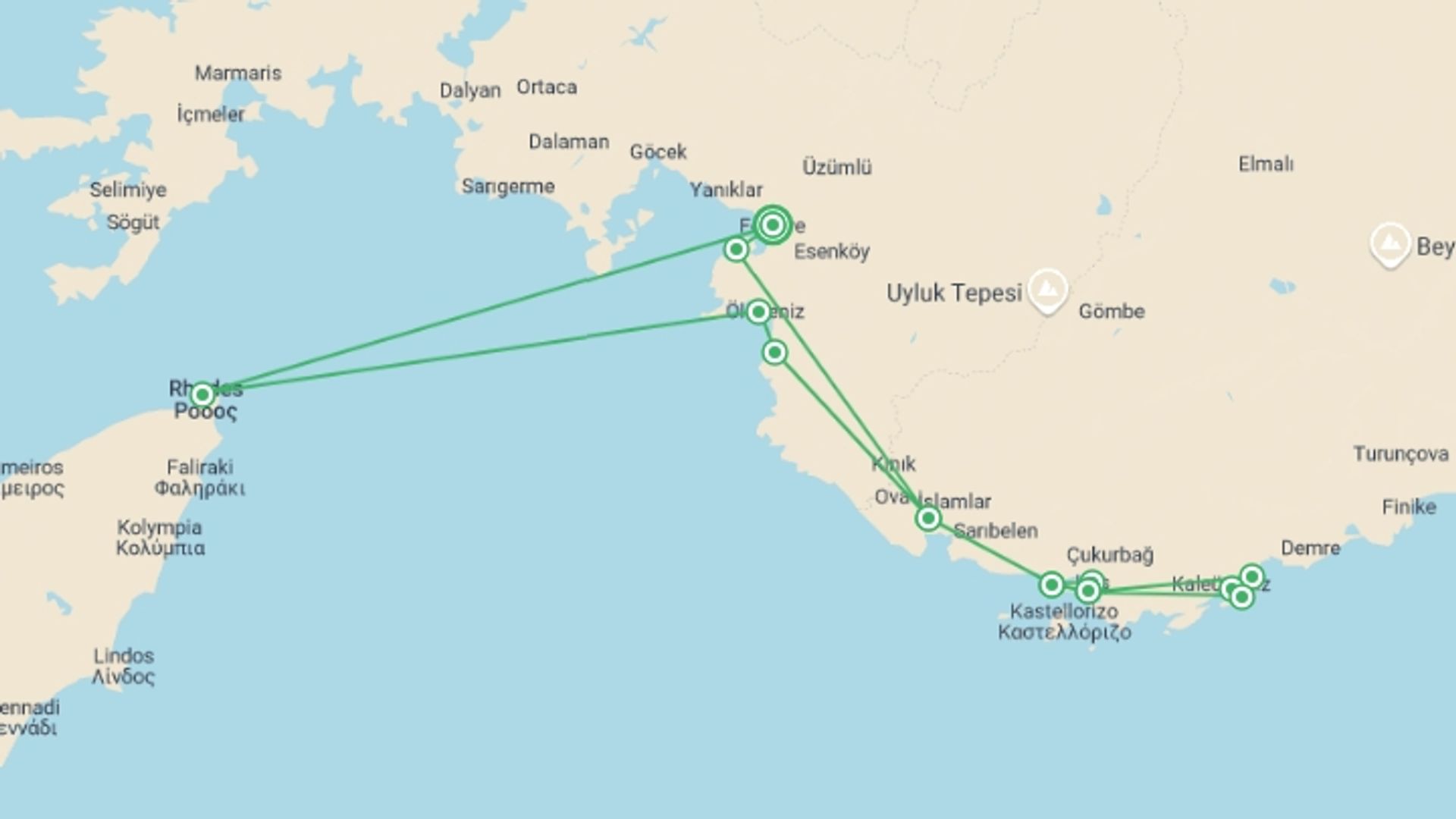 A map showing the tour itinerary for the trip: Serene Turkey Sailing - 8 days, starting in Fethiye, Turkey and ending in Fethiye, Turkey going through 6 other destinations.