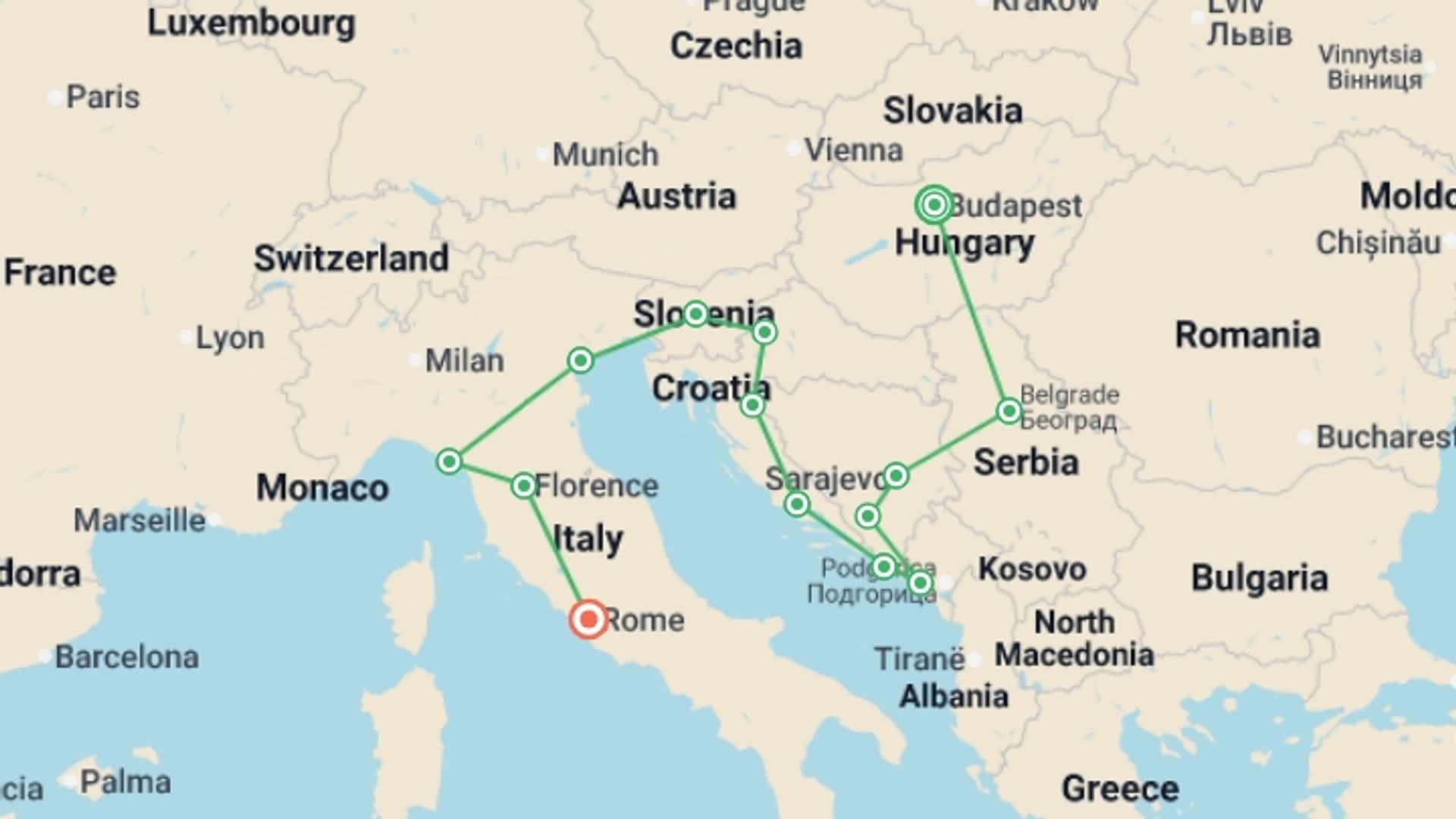 A map showing the tour itinerary for the trip: Budapest to Rome, starting in Budapest, Hungary and ending in Rome, Italy going through 12 other destinations.