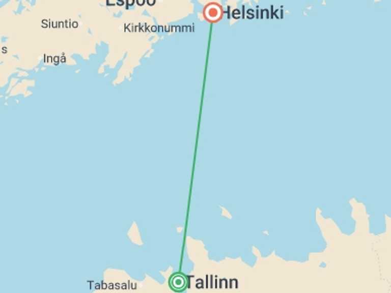 Map itinerary of Europe Tour in August 2027 with 2 destination visits for the trip: Estonia to Finland Adventure