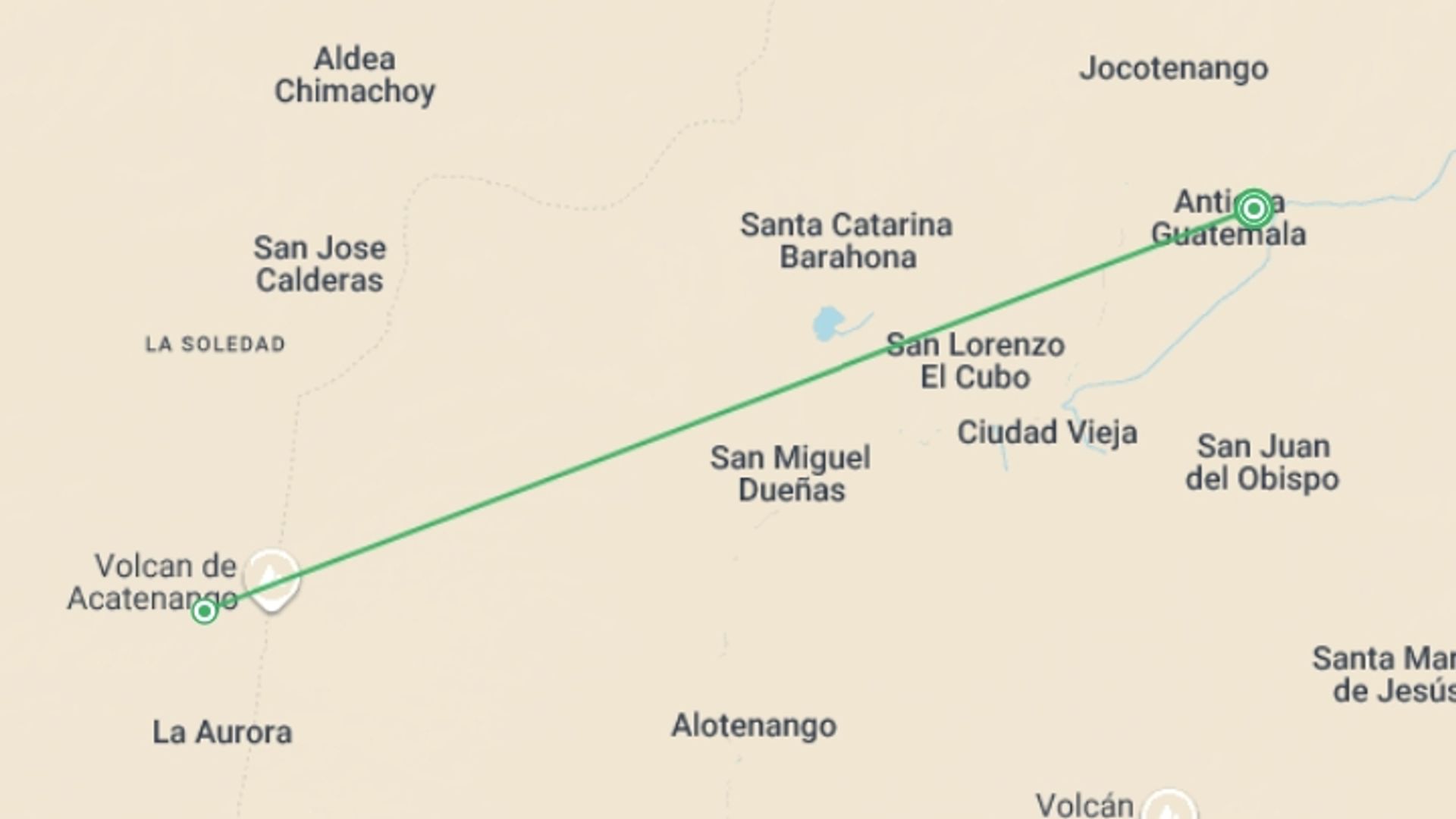 A map showing the tour itinerary for the trip: Acatenango Volcano Hike & Antigua Short Break, starting in Antigua, Guatemala and ending in Antigua, Guatemala going through 1 other destinations.
