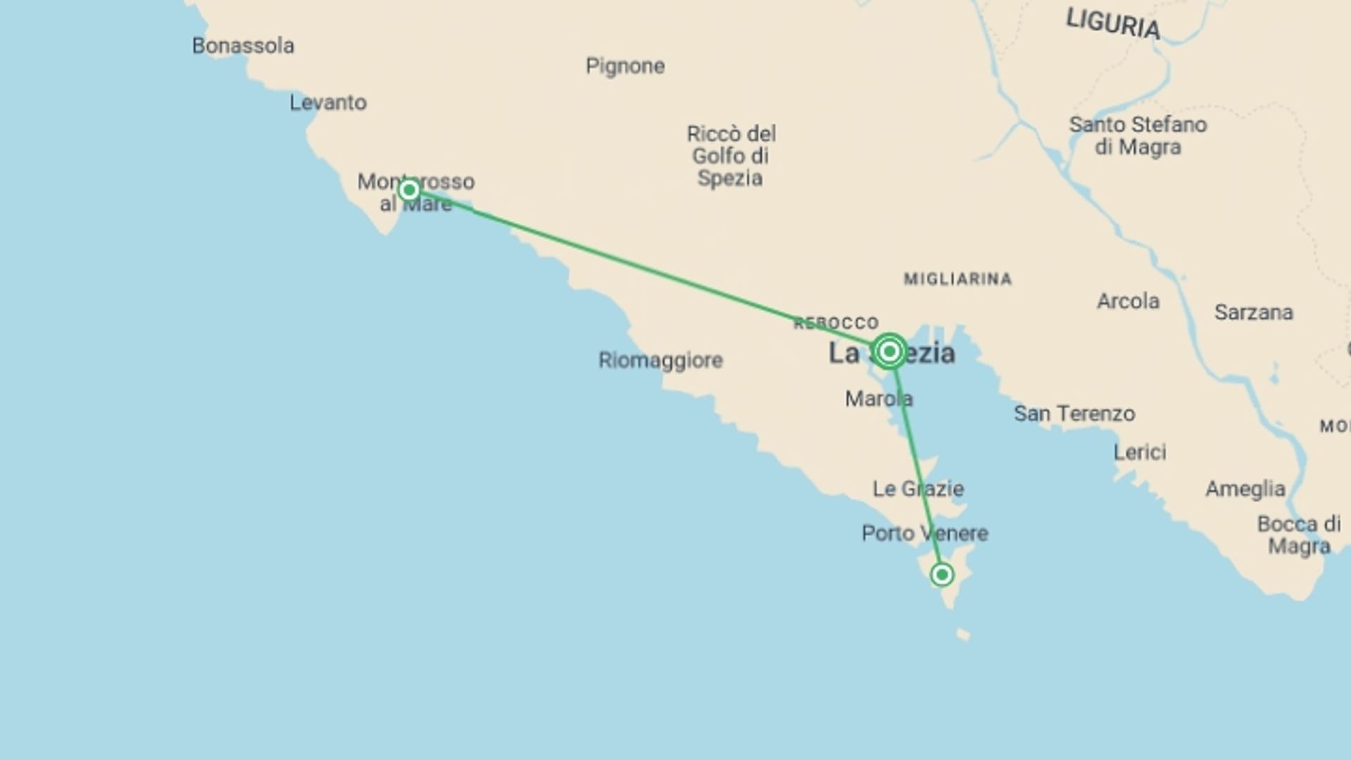 A map showing the tour itinerary for the trip: La Spezia & Cinque Terre - 4 days, starting in La Spezia, Italy and ending in La Spezia, Italy going through 1 other destinations.