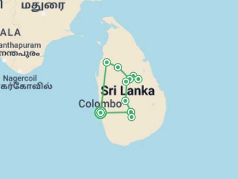 Map of 8-Day Sri Lanka Tour with 4 destination visits for the trip: Splendours of Ceylon (5 & 4 Star Hotels)