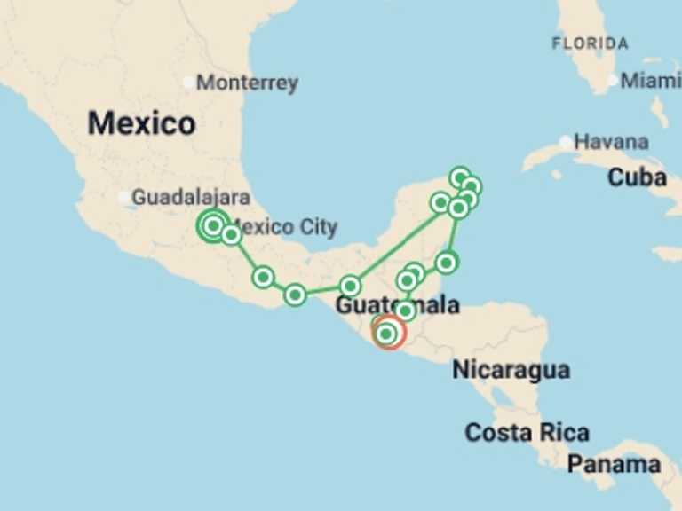 Map of North America Tour with 17 destination visits for the trip: EPIC CENTRAL AMERICA 28 DAYS