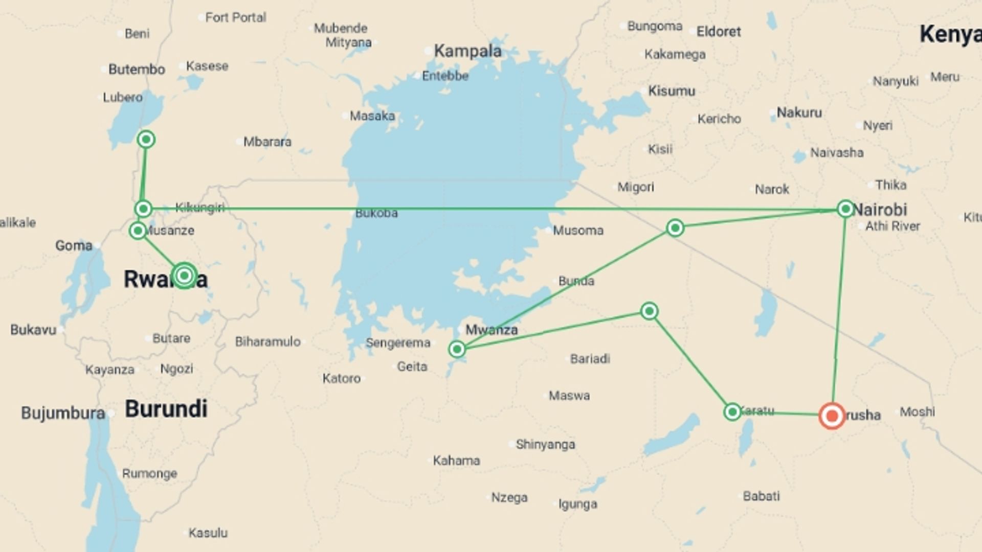 A map showing the tour itinerary for the trip: Gorillas & East Africa Safari, starting in Kigali, Rwanda and ending in Arusha, Tanzania going through 8 other destinations.