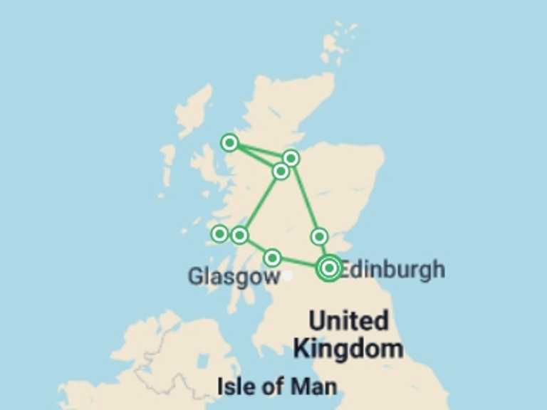 Map itinerary of Europe Tour in October 2026 with 5 destination visits for the trip: Spectacular Scotland