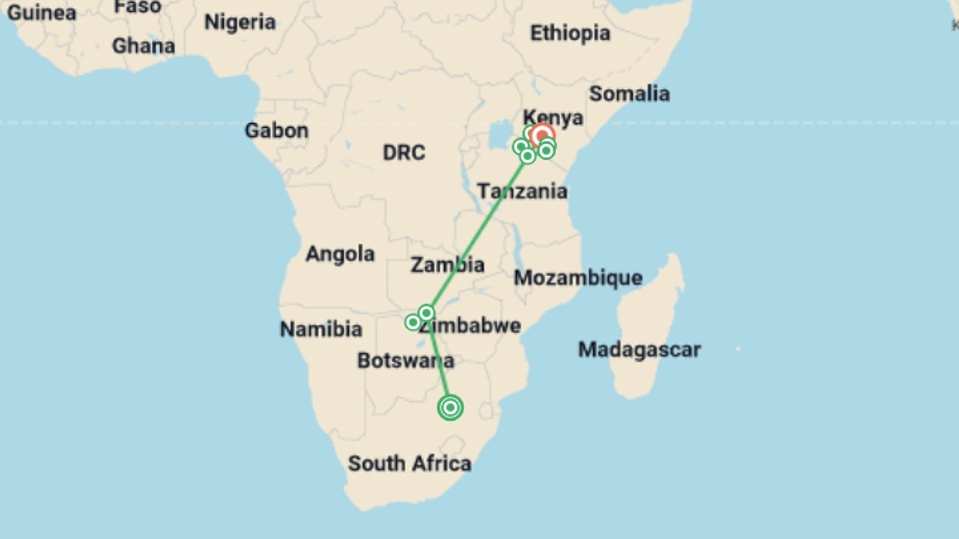 A map showing the tour itinerary for the trip: Victoria Falls & East Africa Adventure, starting in Johannesburg, South Africa and ending in Nairobi, Kenya going through 7 other destinations.
