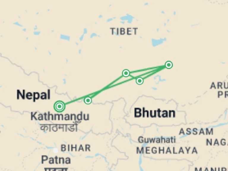 Map itinerary of China Tour in July 2027 with 5 destination visits for the trip: Tibetan Highlight: Lhasa Everest Base Camp Tour