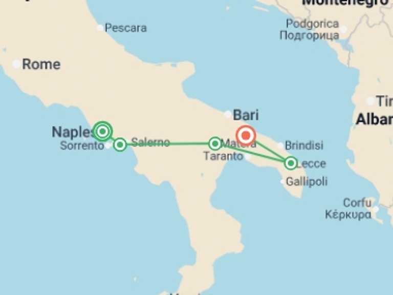 Map itinerary of Europe Tour in April 2026 with 7 destination visits for the trip: Italy: Amalfi Coast to Puglia 