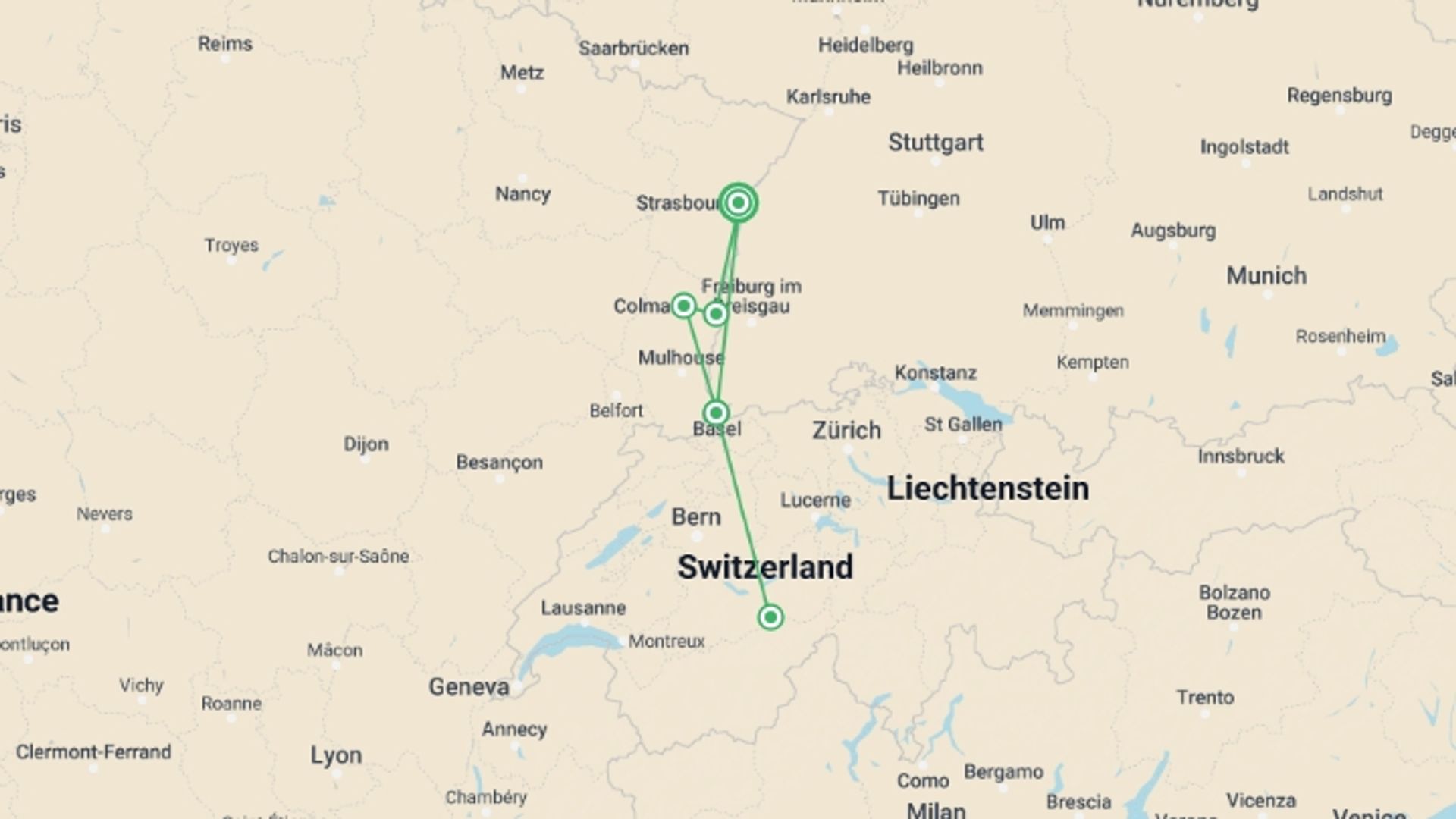 A map showing the tour itinerary for the trip: From the Heart of Alsace to Summits in the Swiss Alps (port-to-port cruise), starting in Strasbourg, France and ending in Strasbourg, France going through 2 other destinations.