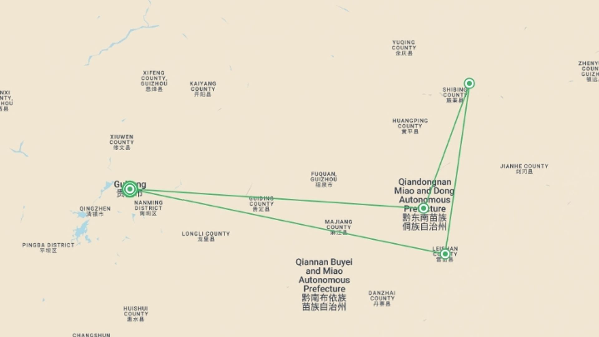 A map showing the tour itinerary for the trip: Guizhou & Mountain Tribes - 7 days, starting in Guiyang, China and ending in Guiyang, China going through 3 other destinations.