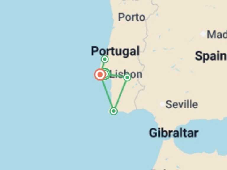 Map itinerary of Portugal Tour in April 2026 with 4 destination visits for the trip: Sunny Portugal Lisbon, Alentejo, Algarve & Portuguese Riviera