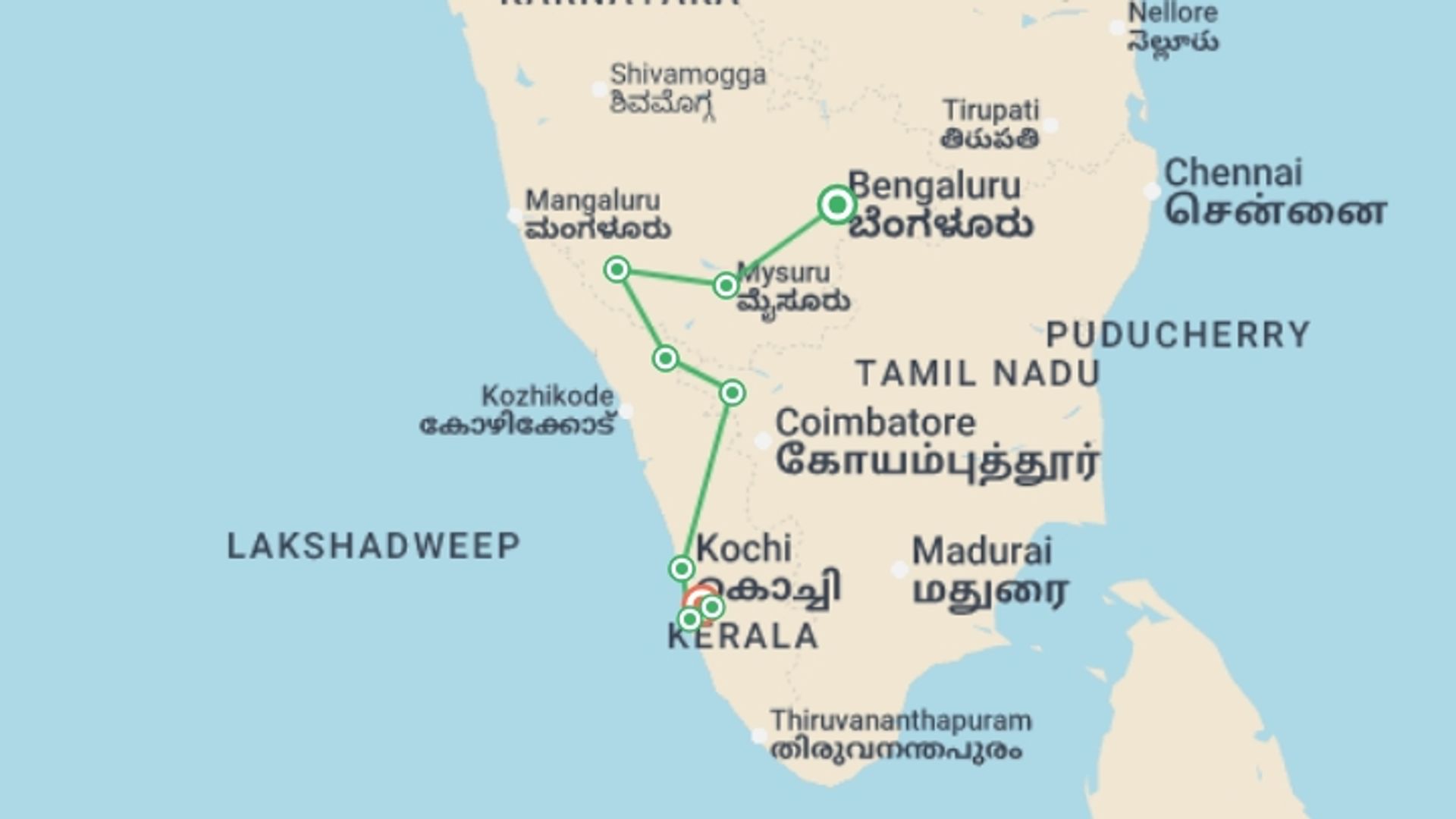 A map showing the tour itinerary for the trip: Discover South India - Premium Adventure, starting in Bangalore, India and ending in Kumarakom, India going through 7 other destinations.