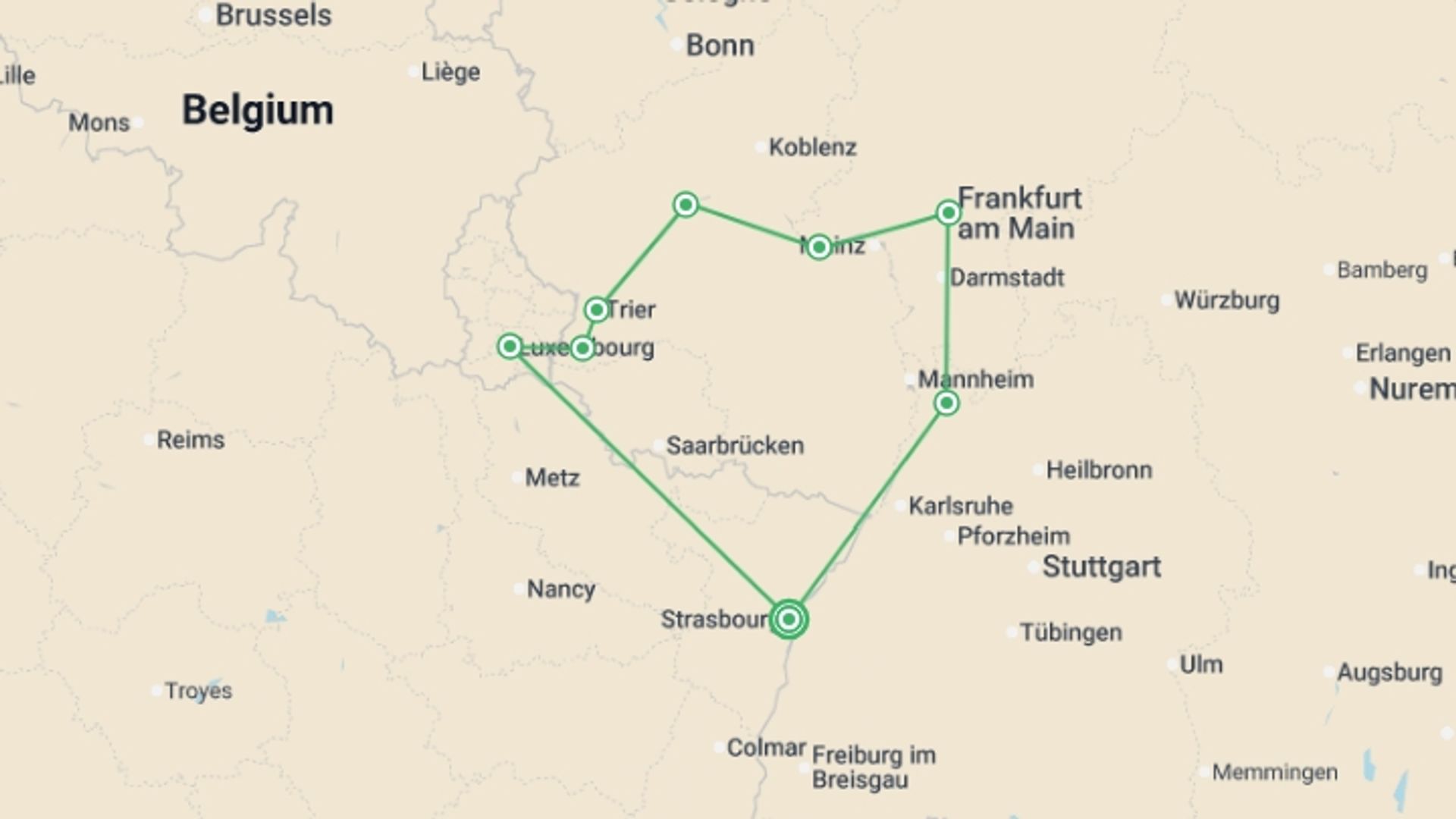 A map showing the tour itinerary for the trip: 5 Different Rivers: The Rhine, Neckar, Main, Moselle, and Saar, starting in Strasbourg, France and ending in Strasbourg, France going through 8 other destinations.