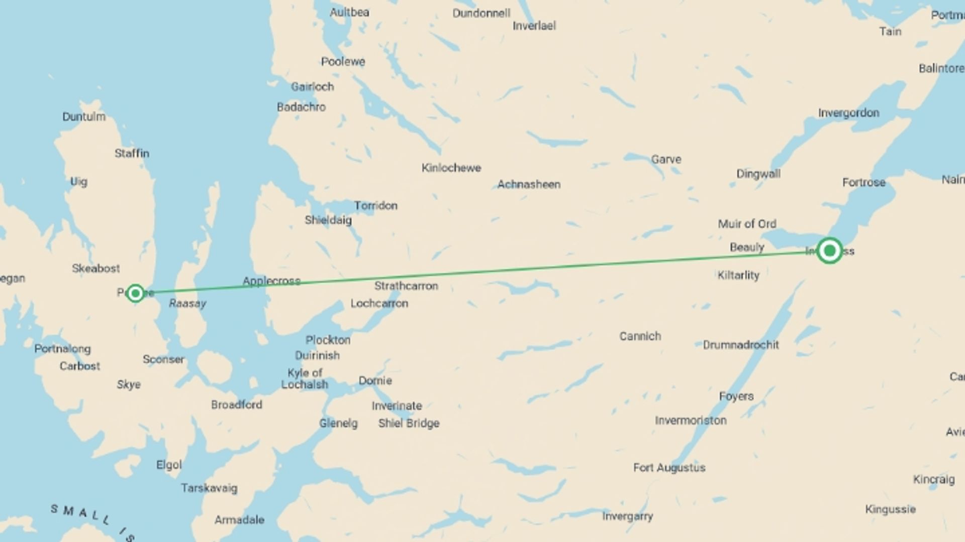 A map showing the tour itinerary for the trip: Isle of Skye Volunteer Adventure, starting in Inverness, Scotland and ending in Inverness, Scotland going through 1 other destinations.