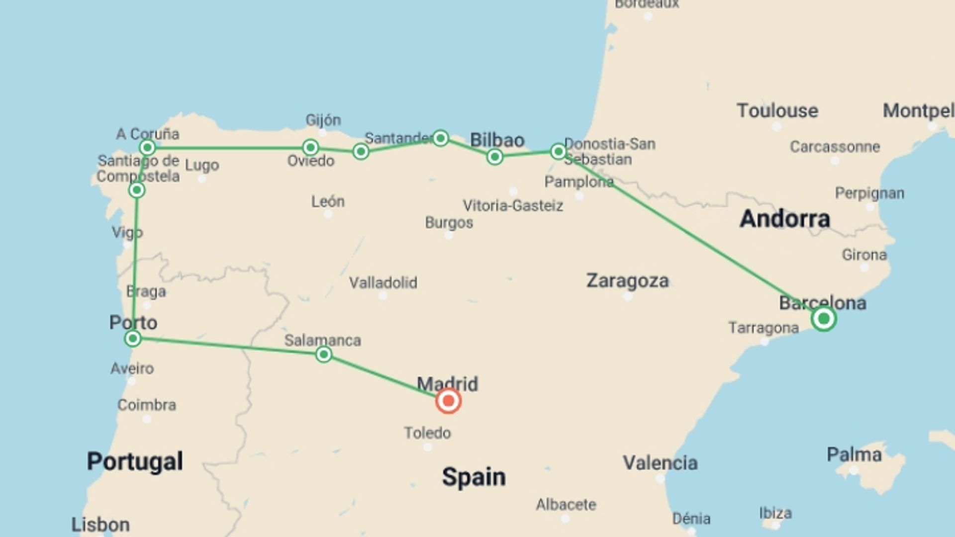 A map showing the tour itinerary for the trip: 8 Day North Of Spain & Portugal Guided Tour From Barcelona, starting in Zaragoza, Spain and ending in Zaragoza, Spain going through 8 other destinations.