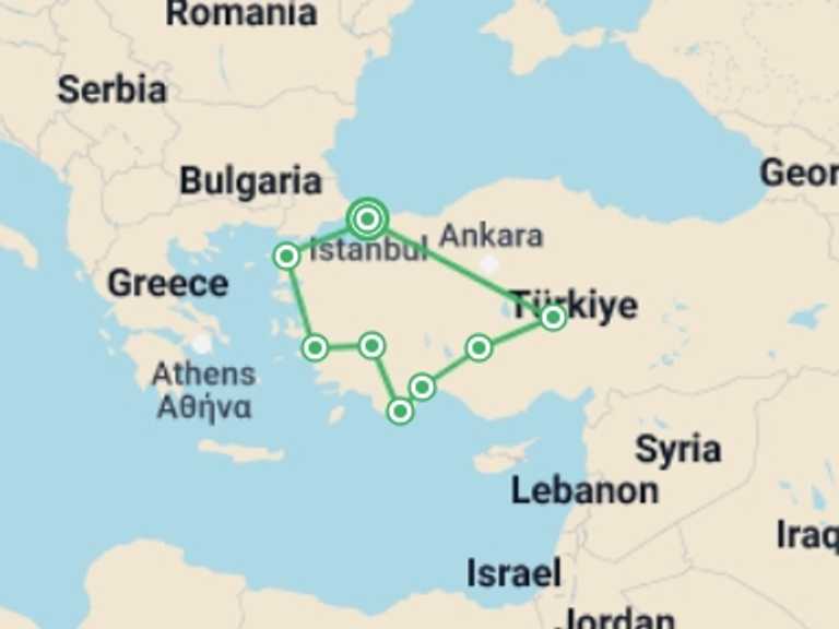 Map of Turkey Cultural, religious and historic sites Tour with 7 destination visits for the trip: Christmas Turkey - 12 days