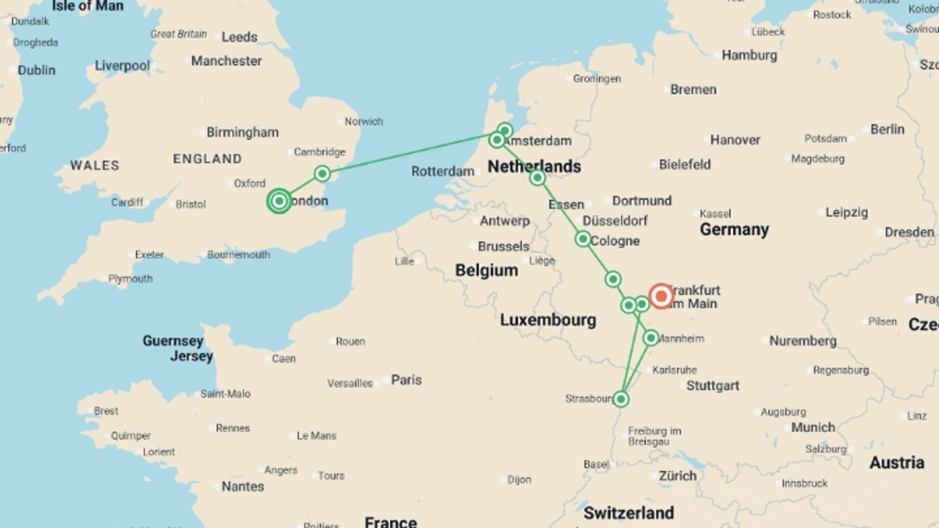 A map showing the tour itinerary for the trip: London, Romantic Rhine, Netherlands and Alsace Crucevita, starting in London, England and ending in undefined, Germany going through 5 other destinations.