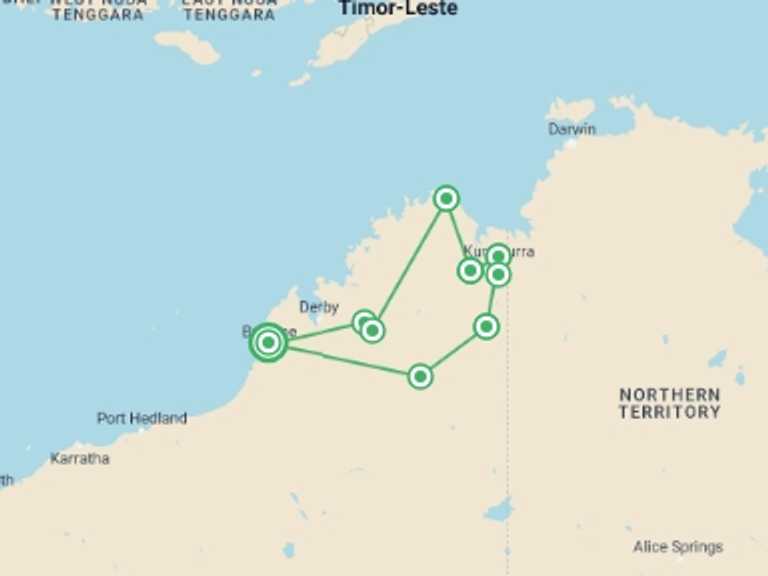 Map itinerary of Oceania Tour in September 2027 with 8 destination visits for the trip: Walk Western Australia's Kimberley