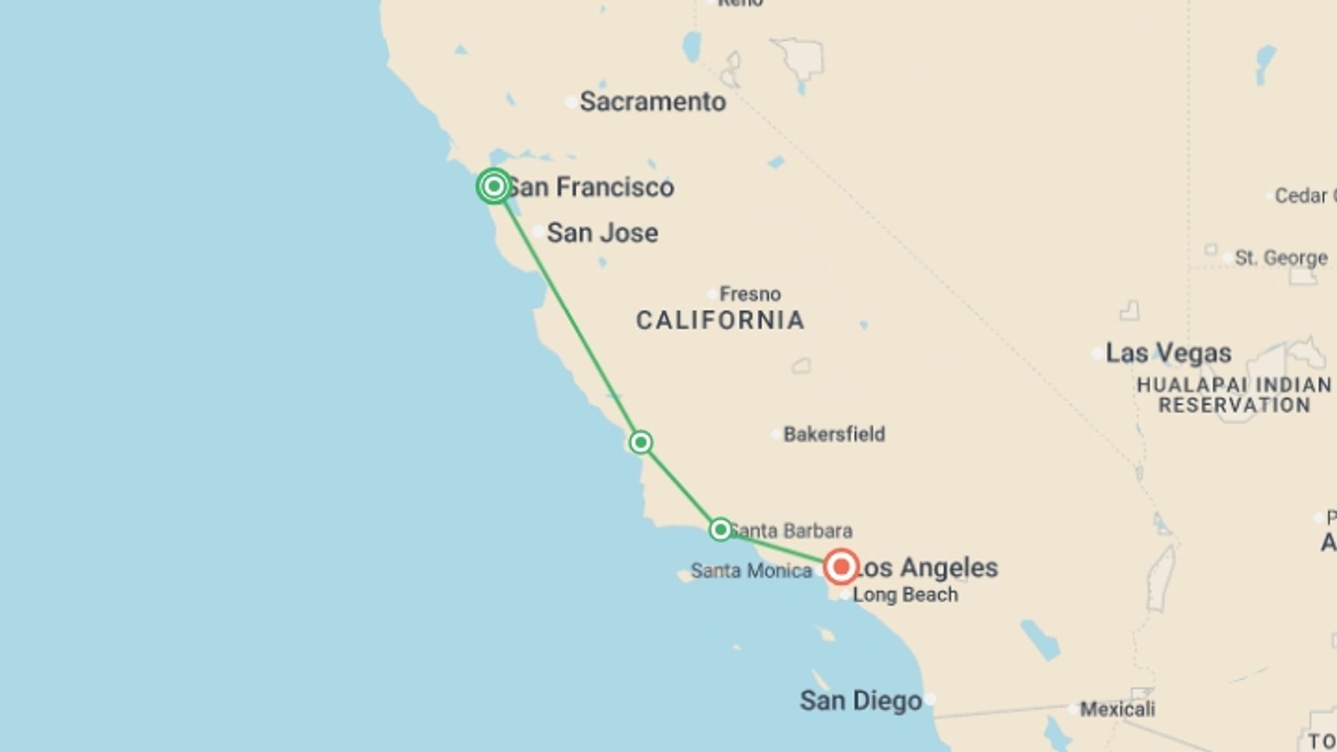 A map showing the tour itinerary for the trip: From S. Francisco to Los Angeles, starting in San Francisco, USA and ending in Los Angeles, USA going through 1 other destinations.
