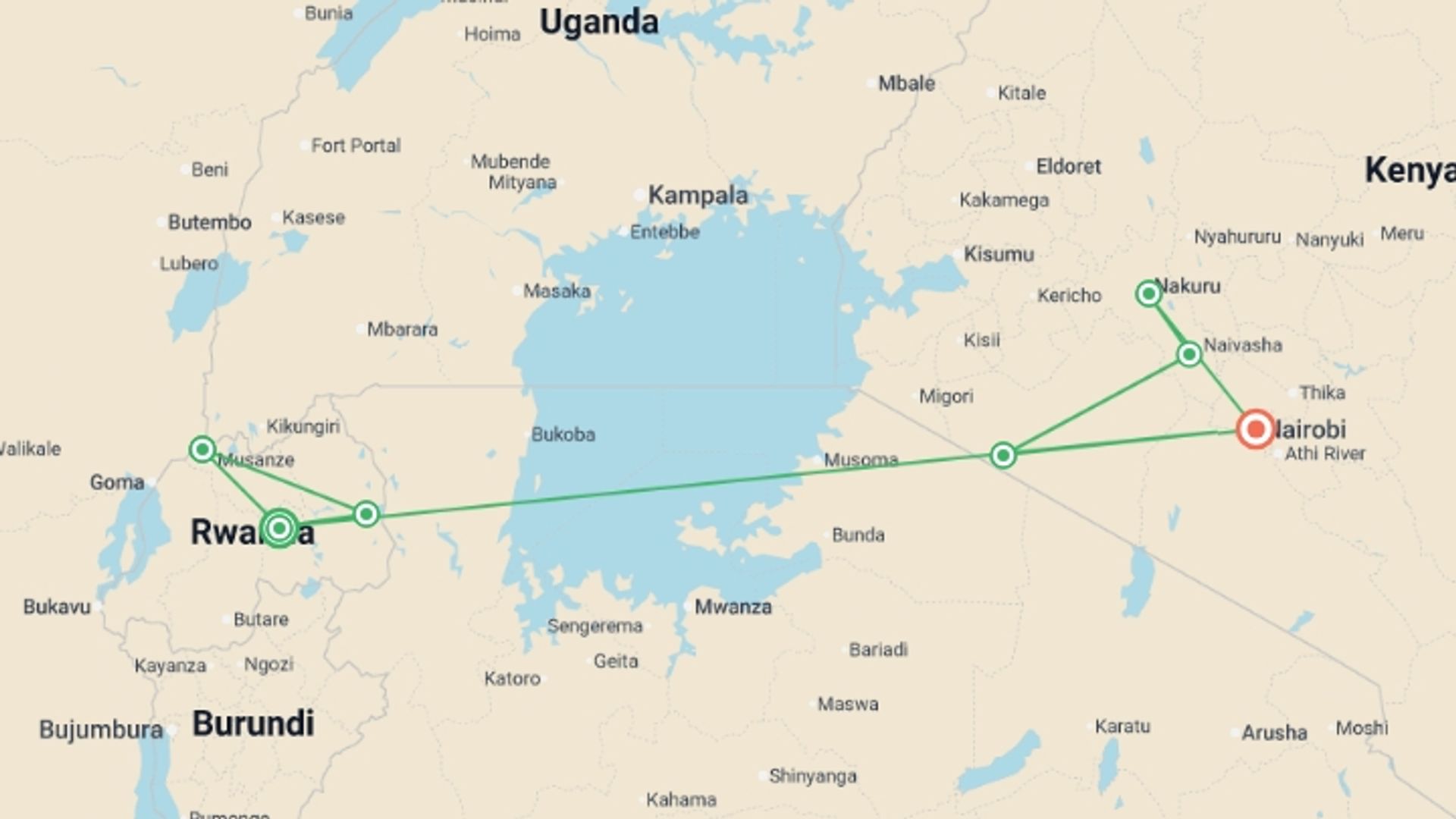 A map showing the tour itinerary for the trip: Journeys: Legendary Wildlife of Rwanda & Kenya, starting in Kigali, Rwanda and ending in Nairobi, Kenya going through 5 other destinations.