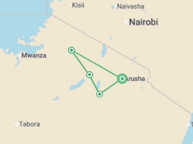 Map of Africa Tour with 4 destination visits for the trip: Signature: Tanzania’s Serengeti, Tarangire & Ngorongoro Crater
