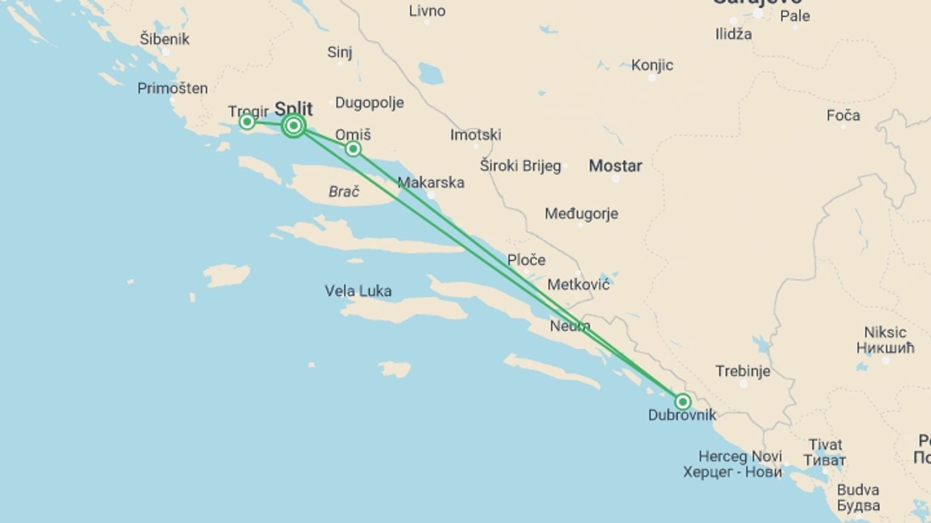A map showing the tour itinerary for the trip: Dalmatian Coastline, Self-drive, starting in Split, Croatia and ending in Split, Croatia going through 3 other destinations.